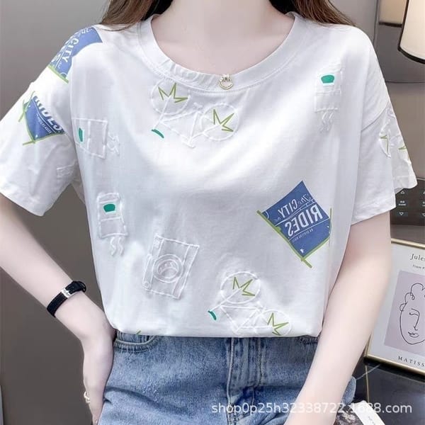 2024 Summer Women's New Pullover O-Neck Patchwork Printing Fashion Elegant Minimalist Casual All-match Short Sleeve T-Shirts Top