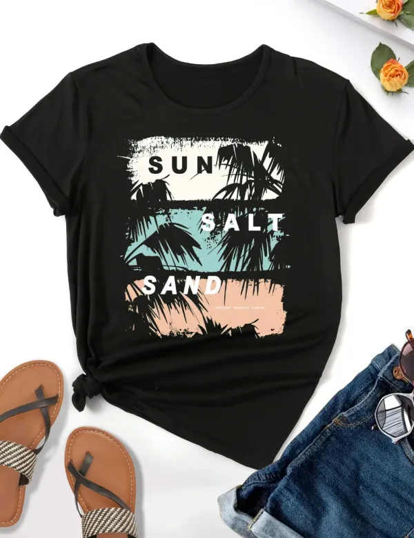 Casual Crew Neck Short Sleeve Top For Spring & Summer, Women's Clothing Coconut Tree & Beach Print T-shirt,