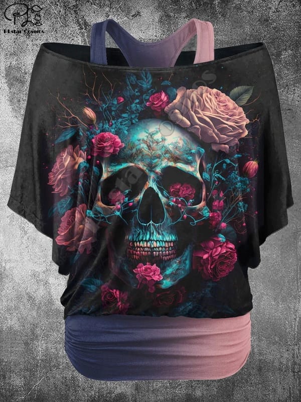 PLstar Cosmos 3D Printed Fake Two-Piece Top Women's Retro Punk Skull Casual T-Shirt Harajuku Streetwear Collection 8