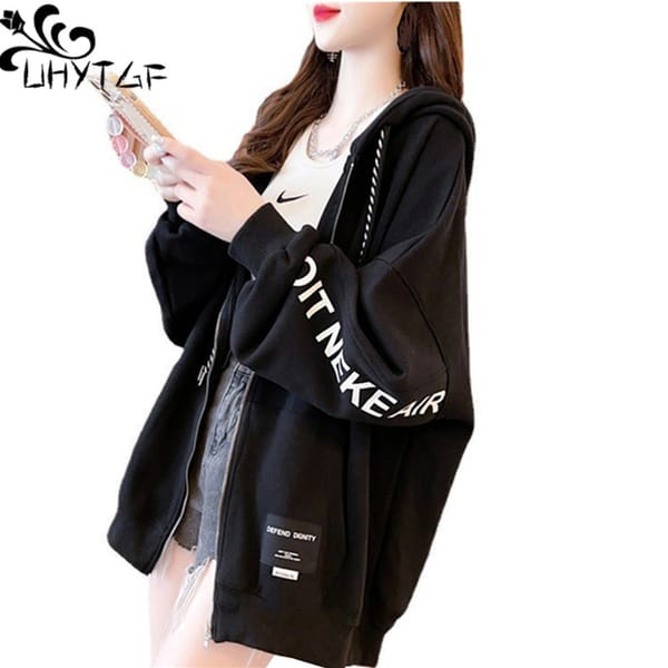 Hoodies Women's 2023 New Korean Loose Spring Autumn Sweatshirt Jacket Female Zipper Pocket Long Sleeves Hooded Student Coat 2812
