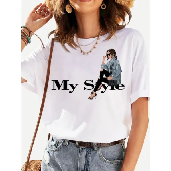 Women's Round Neck Short Sleeve Casual T-shirt Girls Fashion Beauty Print Tshirt Aesthetic Clothes  Graphic Tops Oversized Tee