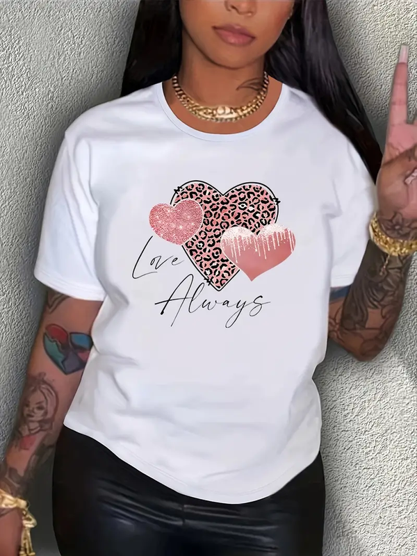 Leopard Heart Pattern Trendy Brand Fashion Printed Women's T-shirt Summer Women's O-neck Short Sleeve Street Trendy T-shirt