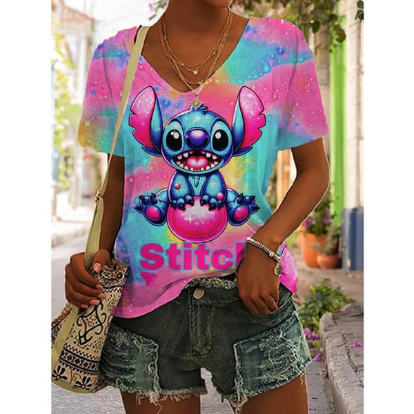 Fashion V-Neck Short Sleeve T-Shirts Summer Women's Clothing Simplicity Disney Stitch Print Change Pullover Casual Cartoon print
