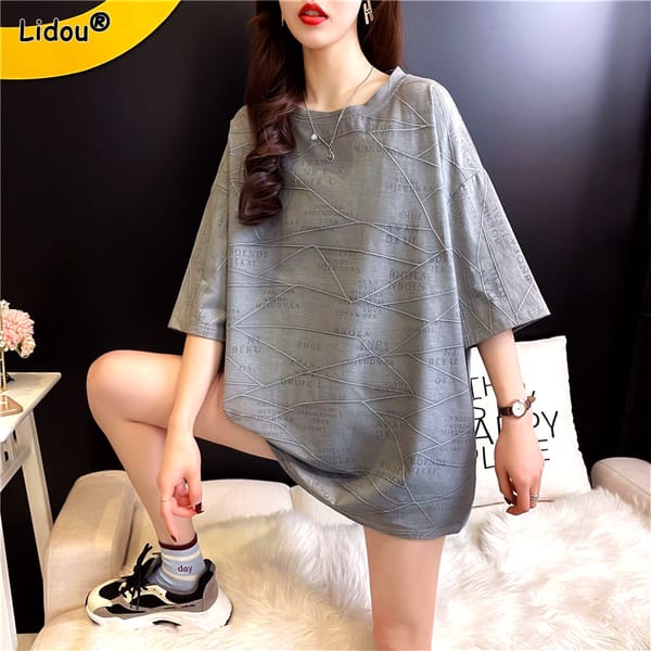 Fashion Loose Casual Pullovers Straight Elbow Sleeve Letter Round Neck Solid Color T-Shirts Comfortable Women's Clothin 2023