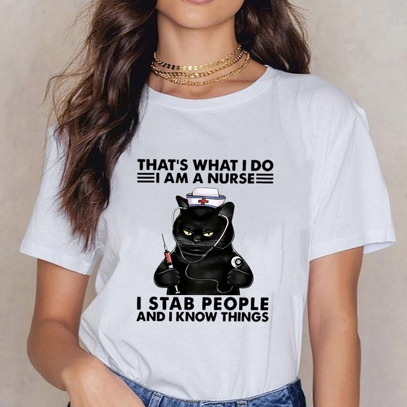 Funny Black Cat Nurse T-Shirt Women's Funny Black Cat T-Shirt Personalized Nurse Graphic Printed Shirt
