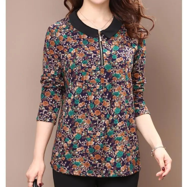 Fashionable Temperament Women's Clothing Autumn and Winter New Printed Zipper Round Neck Long Sleeve Versatile Oversize Pullover