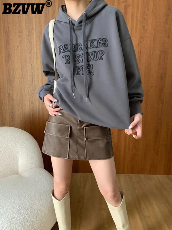 BZVW Letter Hot Stamping Loose Hooded Sweatshirt Women's Solid Color Casual Versatile Tops 2024 Autumn New Clothing 25A8503