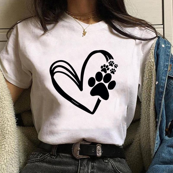 Personalized Creative Heart Dog Paw Print Pattern Printed Tee Women's Funny Casual Shirt Tops Loose Round Neck T-Shirt