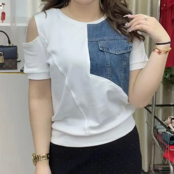 Denim stitching short-sleeved T-shirt women's summer new cotton off-the-shoulder loose design sense niche round neck shirt