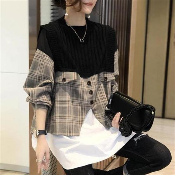 Women's Clothing Elegant Versatile Autumn and Winter New Fashion Slash Neck Splice Buttons Long Sleeve Casual Plaid Pullover