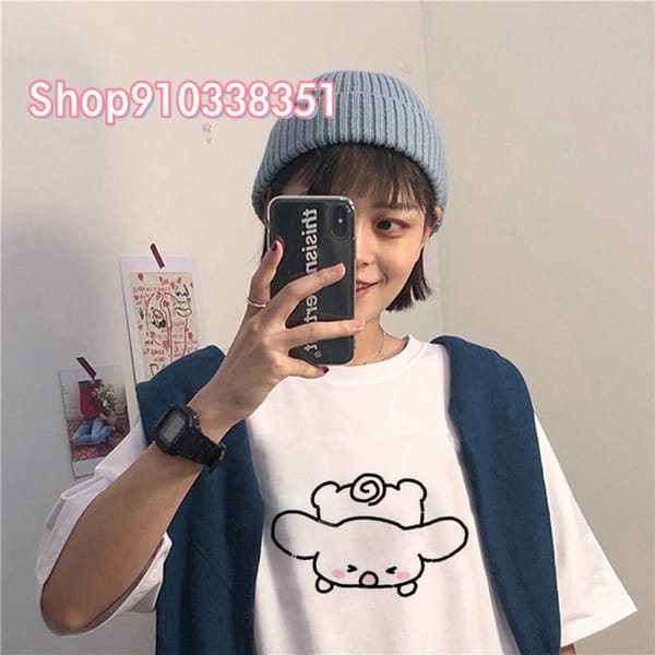 Women's White Round Neck Short Sleeve Hello Kitty Cinnamoroll Kuromi T-Shirt Casual My Melody Printed T-Shirt for Summer Style