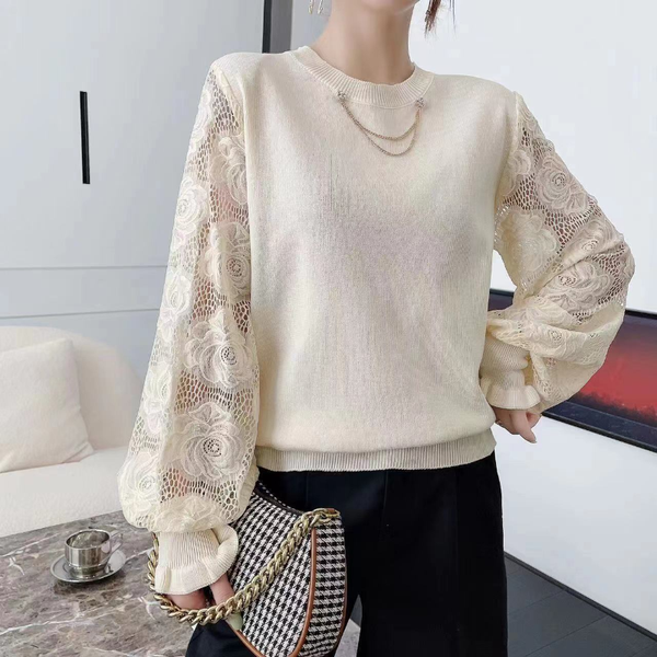 Fashionable Temperament Commuter Women's Clothing Autumn and Winter New Hollow Out Round Neck Long Sleeve Solid Color Pullover