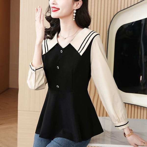 Elegant Temperament Women's Clothing Autumn and Winter New Splice Button Navy Collar Long Sleeved Versatile Commuting Pullover