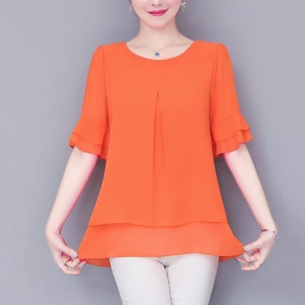 Summer Women's 2024 New Pullover Round Neck Patchwork Solid Color Folds Ruffles Bright Line Decoration Casual Short Sleeved Tops