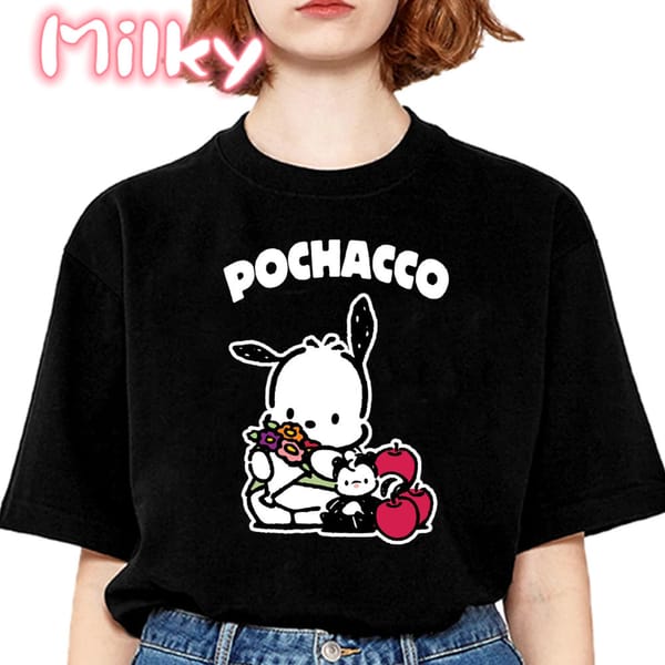 Goth Tee Anime Women's T Shirt Harajuku Pochacco Print T-shirt Short Sleeve Oversized Loose T-Shirt Street Vintage Clothes