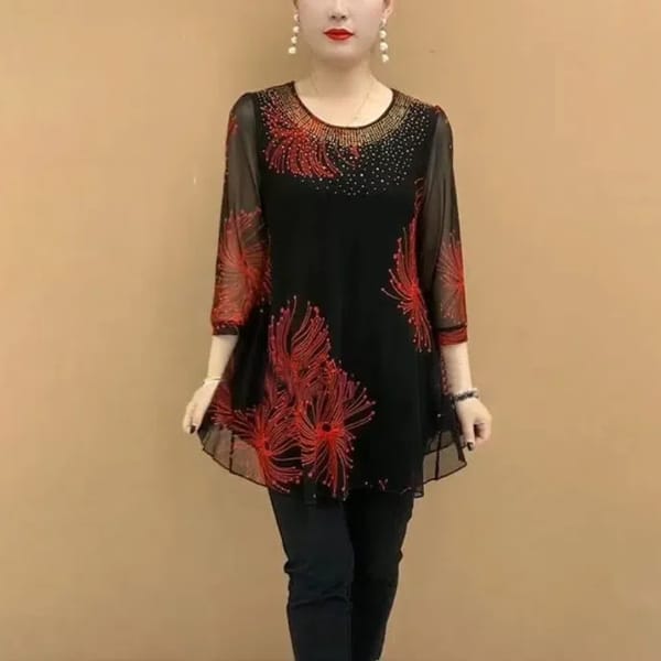 Korean Women's 2024 Summer New Pullover O-Neck Patchwork Printing Rhinestone Gauze Fashion Slim Elegant Casual 3/4 Sleeve Tops