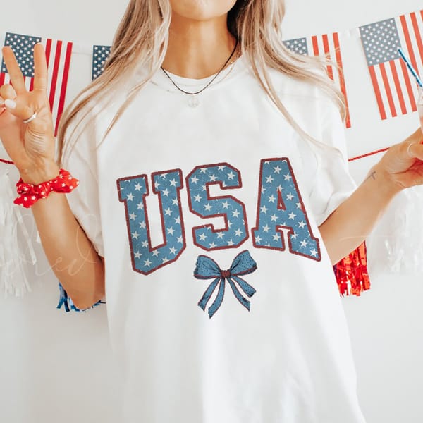 Summer Happy 4th Of July Cute Bow Pattern Kawaii T-Shirt Short Sleeved Clothing Print Women's Casual Style Top New T-Shirt.