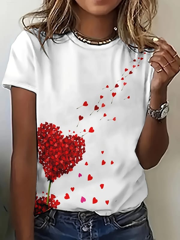 Women's 3D Printed Love Hearts T-Shirt, Fashionable Sweet Style, Breathable Tee For Casual Wear