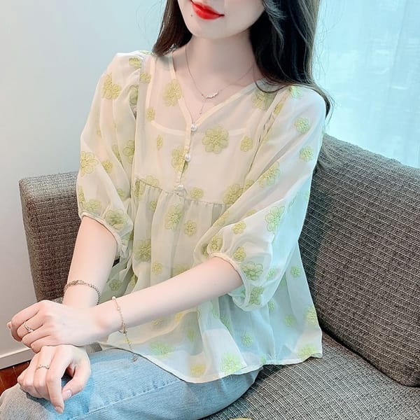 Printing Minimalist Fashion Casual Summer Women's 2024 New Pullover V-neck Spliced Button Loose Comfortable Lantern Sleeve Tops