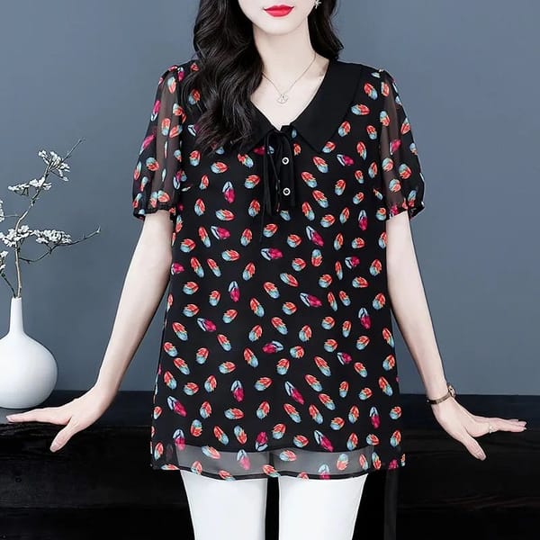 Summer Women's Pullover Lapel Lace Up Button Print Gauze Chiffon Lantern Floral Short Sleeve Shirt T-shirt Fashion Casual Tops