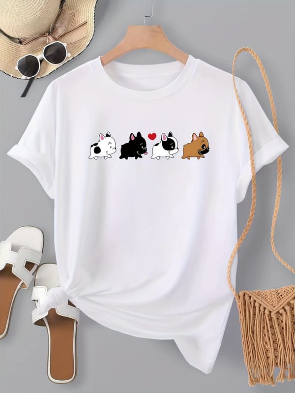 Cartoon Dog Print Crew Neck T-shirt, Short Sleeve Casual Top For Spring & Summer, Women's Clothing