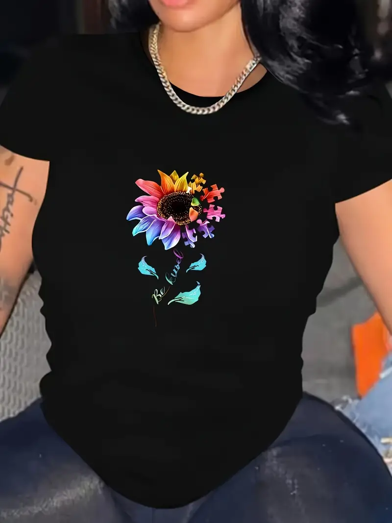 Sunflower Flower Puzzle Printed Short Sleeved Casual Women's Fashion Women's Pattern T-shirt Women's Printed Summer T-shirt