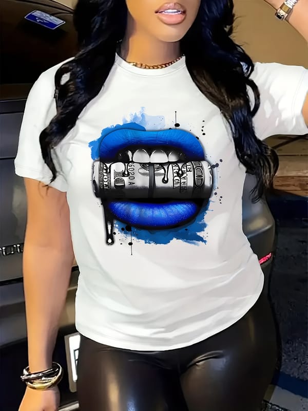 Dollar & Lips Print Crew Neck T-Shirt, Casual Short Sleeve T-Shirt For Spring & Summer, Women's Clothing