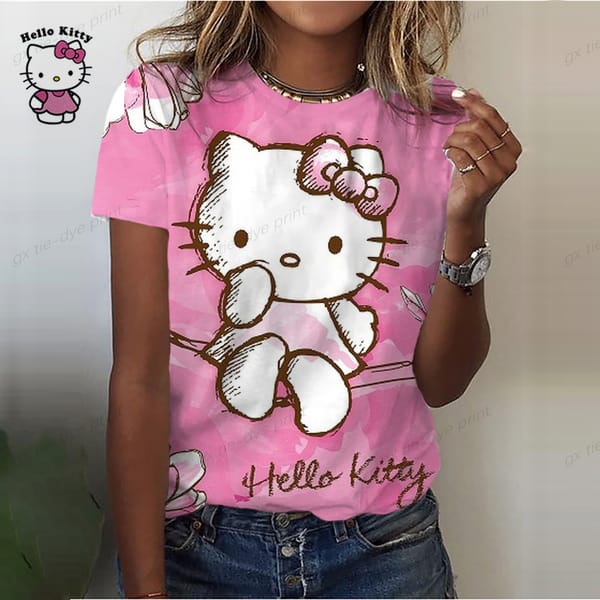 Girl Women's T-shirt Casual Kawaii Hello Kitty Cartoon Pattern Print Tshirt Comfortable Casual Women's Clothing Black Top