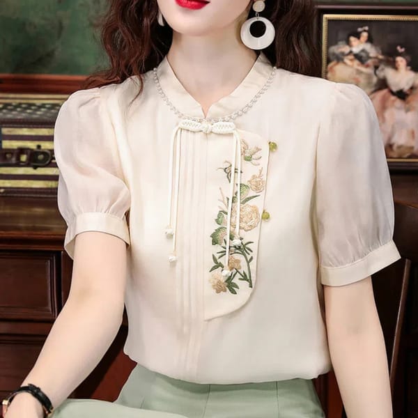 New Chinese Style Frog Shirt National Style Women's Clothing Summer New Pattern Embroidery Chiffon Temperament Short Sleeve