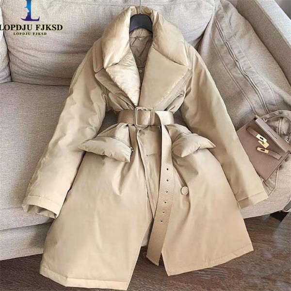 Women's Adjustable Waist Coat, White Duck Down Jacket, England Style Parkas, Single Breasted Oversize Female Clothing,Winter,New