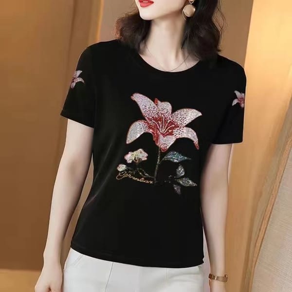 2024 Summer New Women's Pullover O-Neck Patchwork Printing Rhinestone Fashion Slim Solid Comfortable Short Sleeve T-shirt Tops