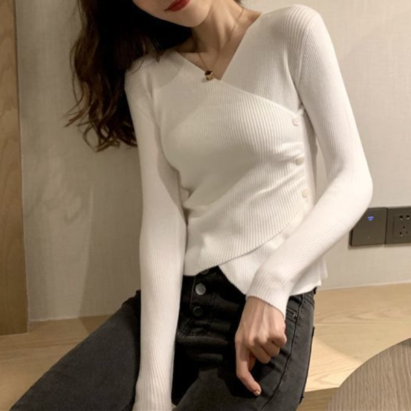 2023 Autumn and Winter New Fashion Commuter Women's Clothing Splice Button V-Neck Long Sleeve Solid Color Versatile Slim T-shirt