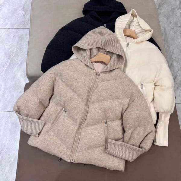 2024 Women's New Knitted Horseshoe Sleeve Hooded Down Jacket Zip Bread Clothing Sheep Wool Thick Coat Female