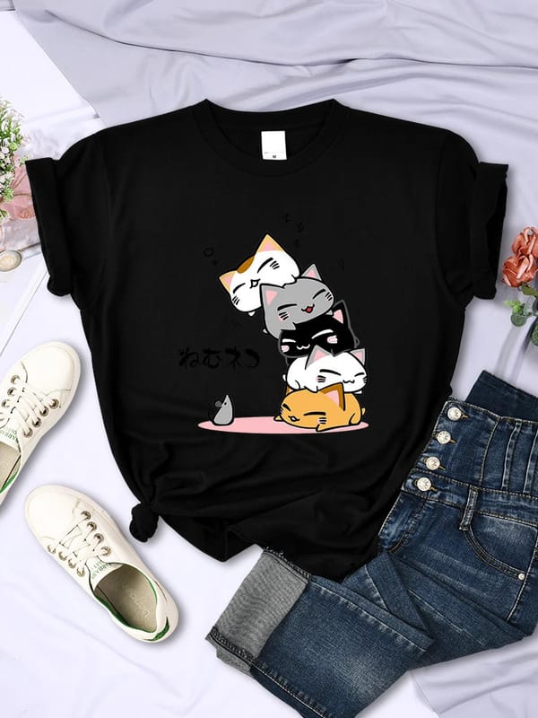 Women's Clothing Summer Fashion Casual Versatile Minimalist 4 Small Cat Printed Round Neck T-shirt