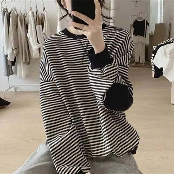 Women's Clothing Temperament Commuting Autumn and Winter New Round Neck Long Sleeve Versatile Simplicity Stripe Casual Pullover