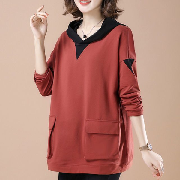 Autumn and Winter Versatile Temperament Women's Clothing Splice Pockets Fashion Korean Version Long Sleeved Commuting Hoodies