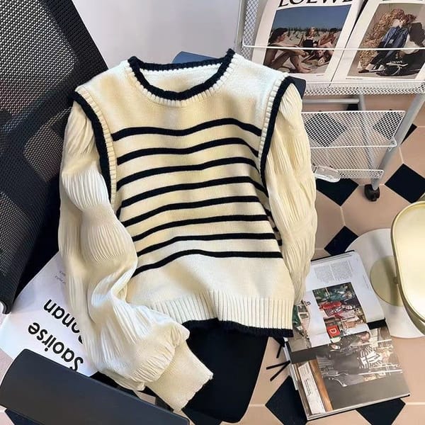 Women Sweater French Patchwork Striped Knitted Sweater Korean Shirt Women's Spring Beautiful Sweater Sweet Bubble Sleeve Top