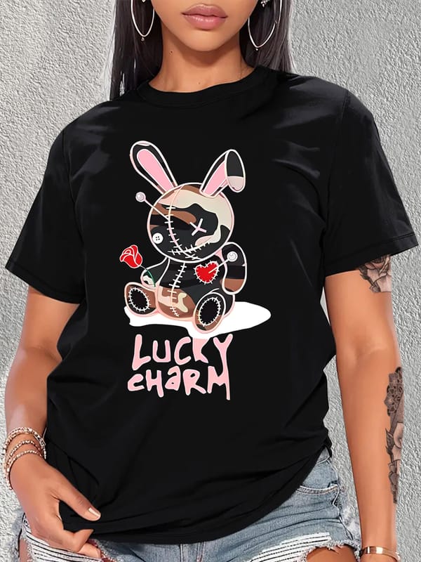 Women's Rabbit Graphic Casual Short Sleeves Sports Tops - Round Neck Workout T-shirt for Activewear