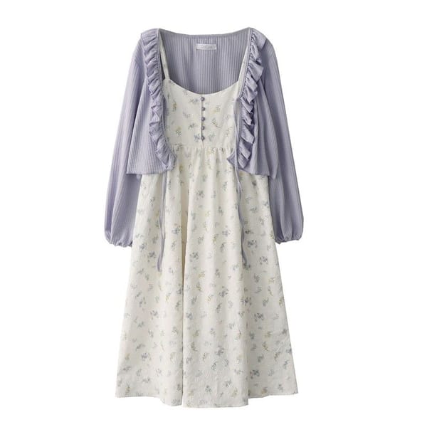 Women's Off-shoulder Sleeveless Floral Long Sling Dress+ Sweet Forest Style Fungus Edges Lace Up Cardigan Jackets Two-piece Set