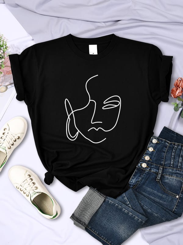 Simple Stroke Face Prints Women's T-shirt Hip Hop Breathable Short Sleeve Soft Street Casual Top Women's T-shirt