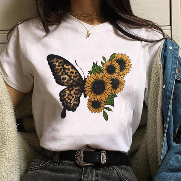 Vintage Butterfly Sunflower Pattern Printed Tee Women's Classic Butterfly Casual Outdoor Comfortable Short Sleeve Shirt Top