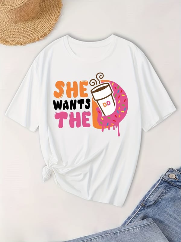 Plus Size Coffee Print T-Shirt, Casual Crew Neck Short Sleeve T-Shirt, Women's Plus Size Clothing