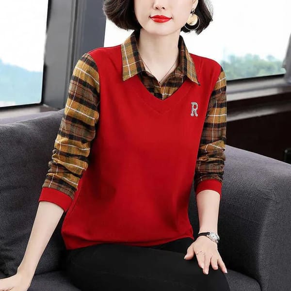 2023 New Autumn Fashion Plaid Splice Fake Two Piece Top Lapel Letter Hot Diamond Loose Casual Women's T-shirt