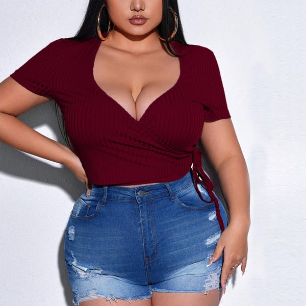 Sexy Women's T-Shirt Top Wine Red V-Neck Slim Fit Short Sleeve Knit Striped Solid Color Tops Lace Up