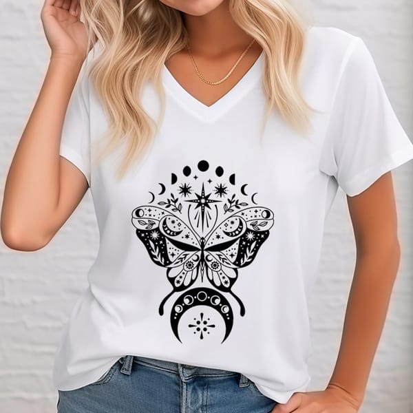Retro Boho Butterfly Women's T-Shirt Summer V-Neck Short Sleeve Tee Magical Butterfly Moon Streetwear New Ladies Butterfly Shirt