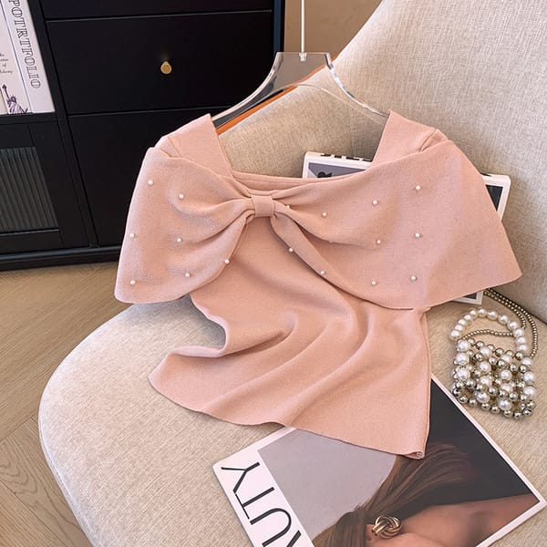 Top women's summer 2024 new French gentle shoulder fashion Joker bow top short sleeve sweater t shirt women