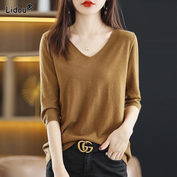 V-neck Spring Autumn Solid Three Quarter 2022 New Women's Clothing Fashion Korean All-match T-Shirts Casual Trend Comfortable