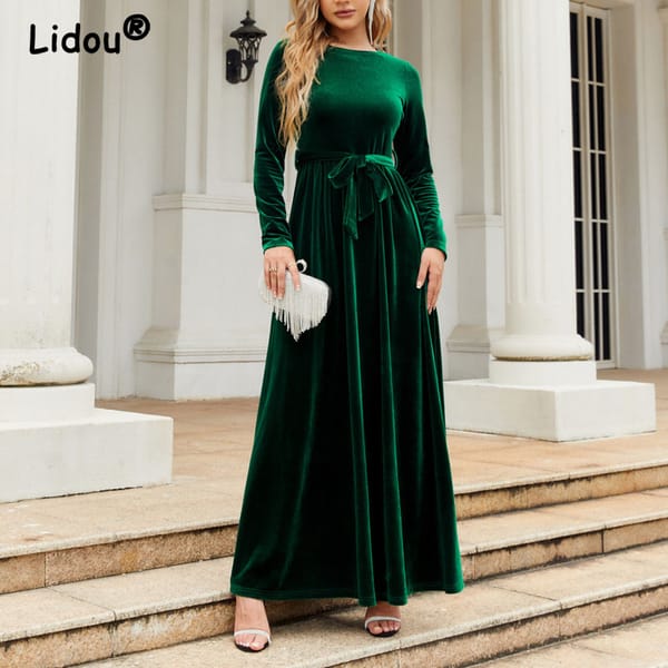 2023 Autumn and Winter Women's Fashion Elegant Long Dress Gold Velvet Solid Comfortable Versatile Round Neck Lace Up Dress