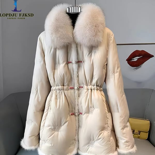 Women's Single Breasted Coat, White Duck Down Jacket, Chinese Style Parkas,Female Clothing,Fur Collar, Winter,New,2023