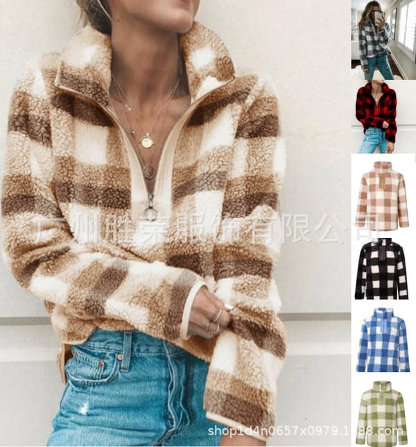 Contrast Color Zipper Standing Neck Plush Sweater 2023 Autumn/Winter New European and American Women's Fashion Popular Tops